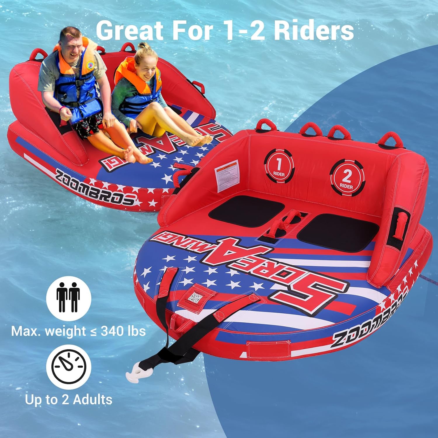 ZOOMBROS Towable Tubes for Boating 2-3Person, Front/Back Tow Points Sofa Style Boat Tubes and Towables, Holds 340-510 lbs Large Capacity, Premium Nylon Cover, Perfect for Kids & Adults