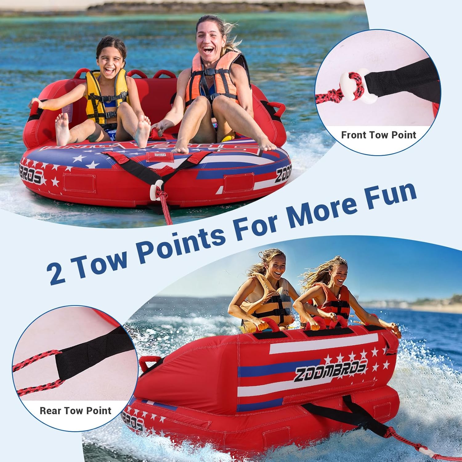 ZOOMBROS Towable Tubes for Boating 2-3Person, Front/Back Tow Points Sofa Style Boat Tubes and Towables, Holds 340-510 lbs Large Capacity, Premium Nylon Cover, Perfect for Kids & Adults