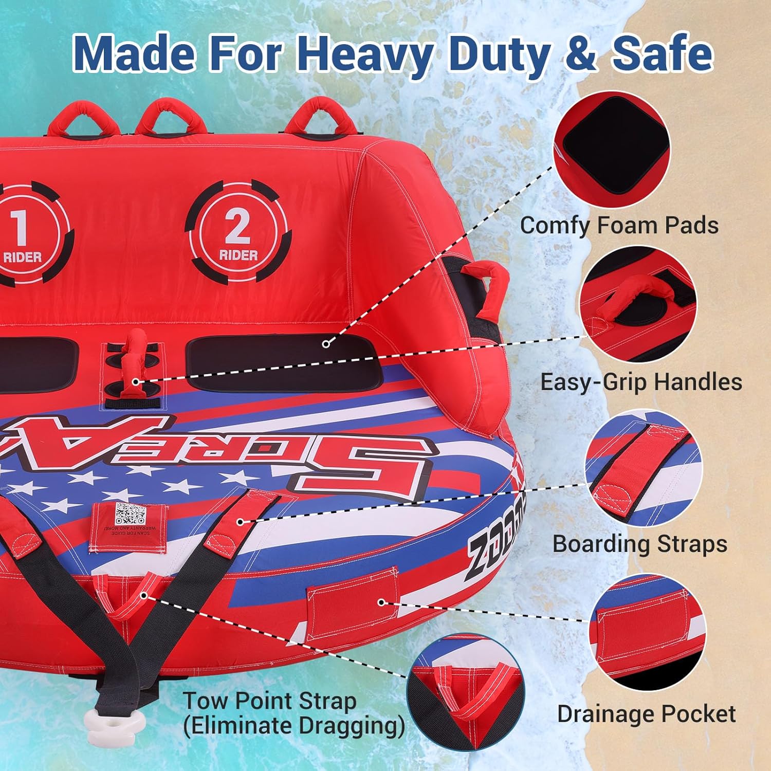 ZOOMBROS Towable Tubes for Boating 2-3Person, Front/Back Tow Points Sofa Style Boat Tubes and Towables, Holds 340-510 lbs Large Capacity, Premium Nylon Cover, Perfect for Kids & Adults