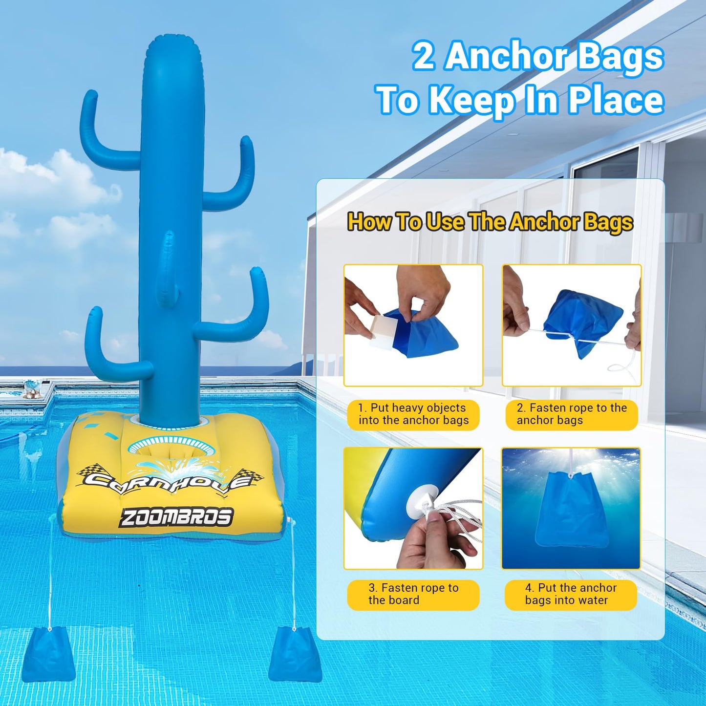 Pool Cornhole 2 Sets, 6 Bean Bags Toss Games with 4 Anchor Bags, Inflatable Cornhole Pool Game Floating Pool Toys for Adults Teens and Family