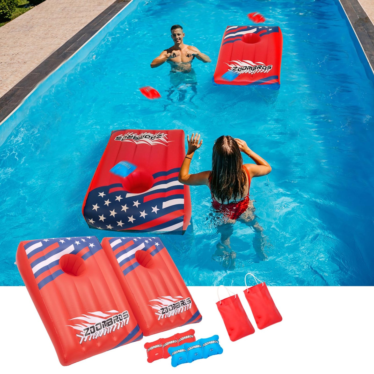 Pool Cornhole 2 Sets, 6 Bean Bags Toss Games with 4 Anchor Bags, Inflatable Cornhole Pool Game Floating Pool Toys for Adults Teens and Family